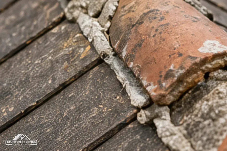 Close-up of cracked mortar bedding under a clay ridge tile
