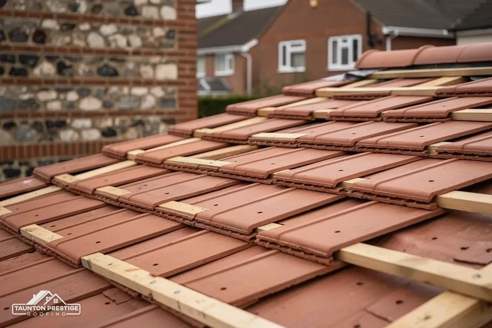 New clay tiles being laid on battens beside a flint wall