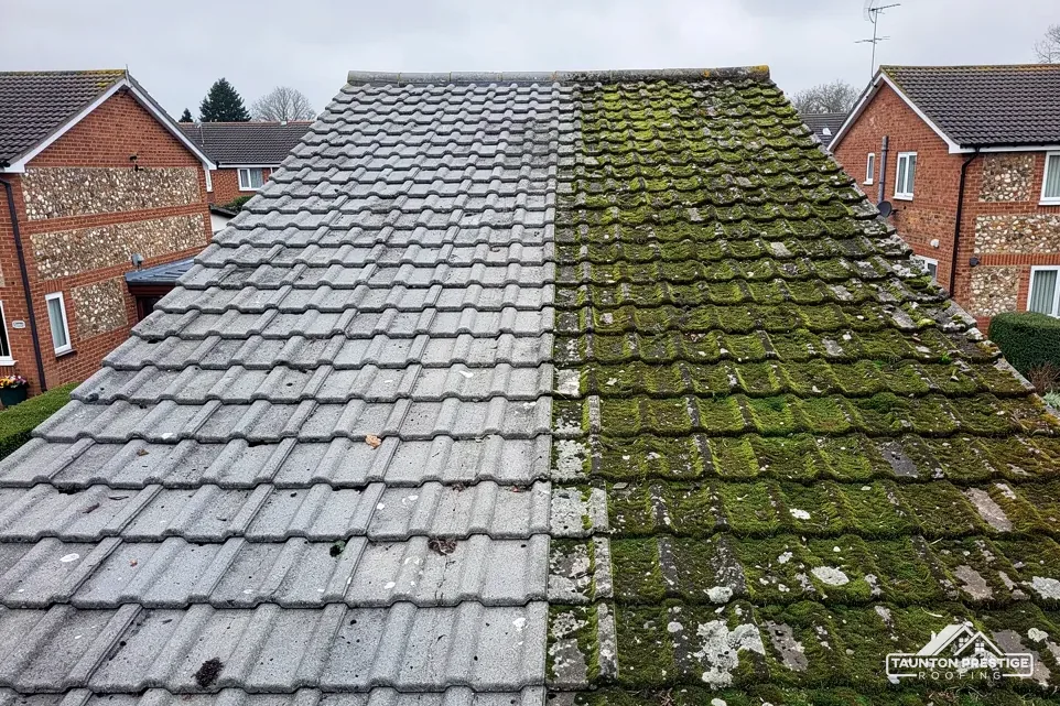 Concrete tile roof half cleaned of moss, the other half still green