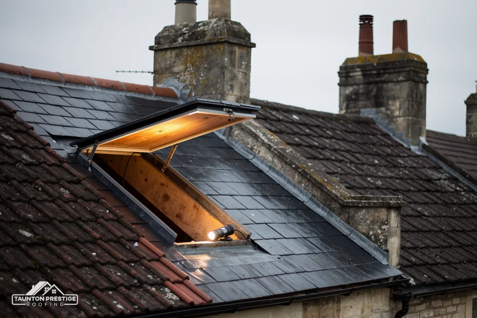 Open roof window in a slate roof between stone and brick chimneys