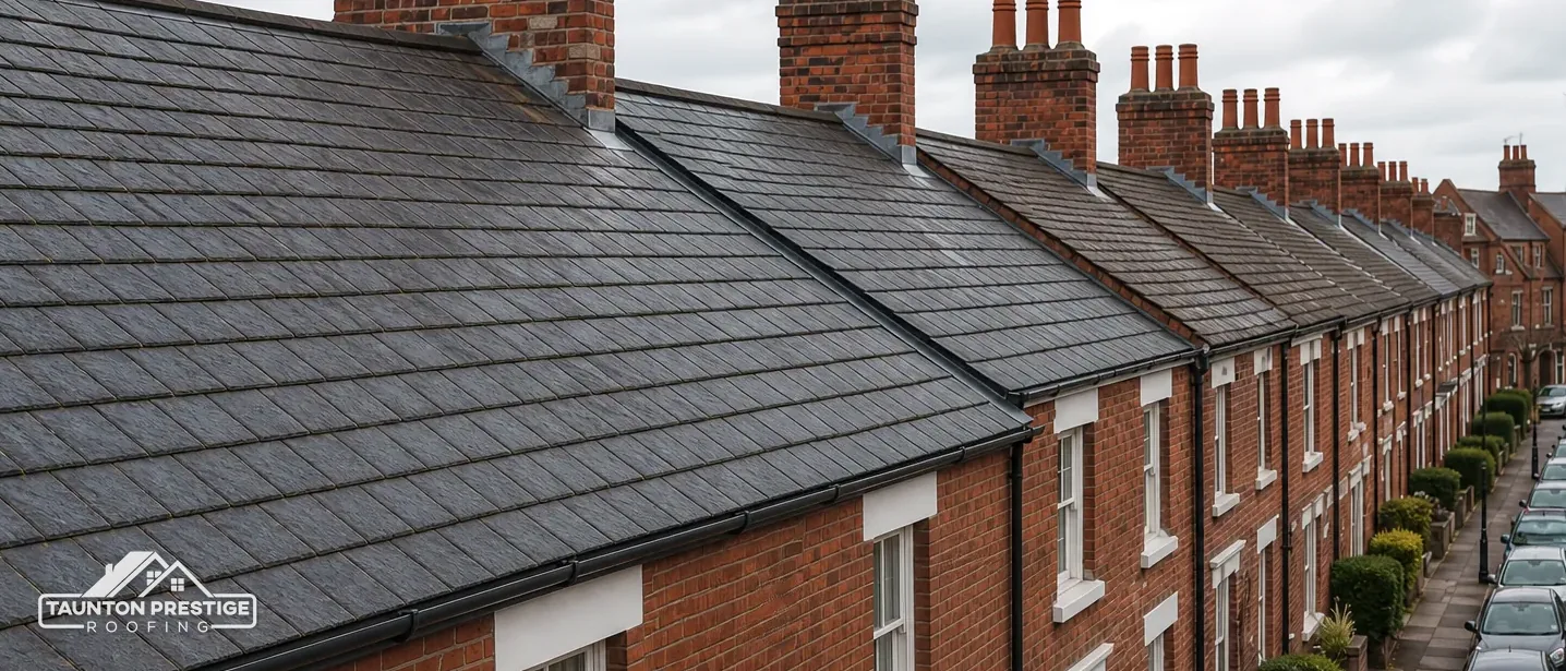 Grey slate roofs and brick chimney stacks running along a Victorian red-brick terrace