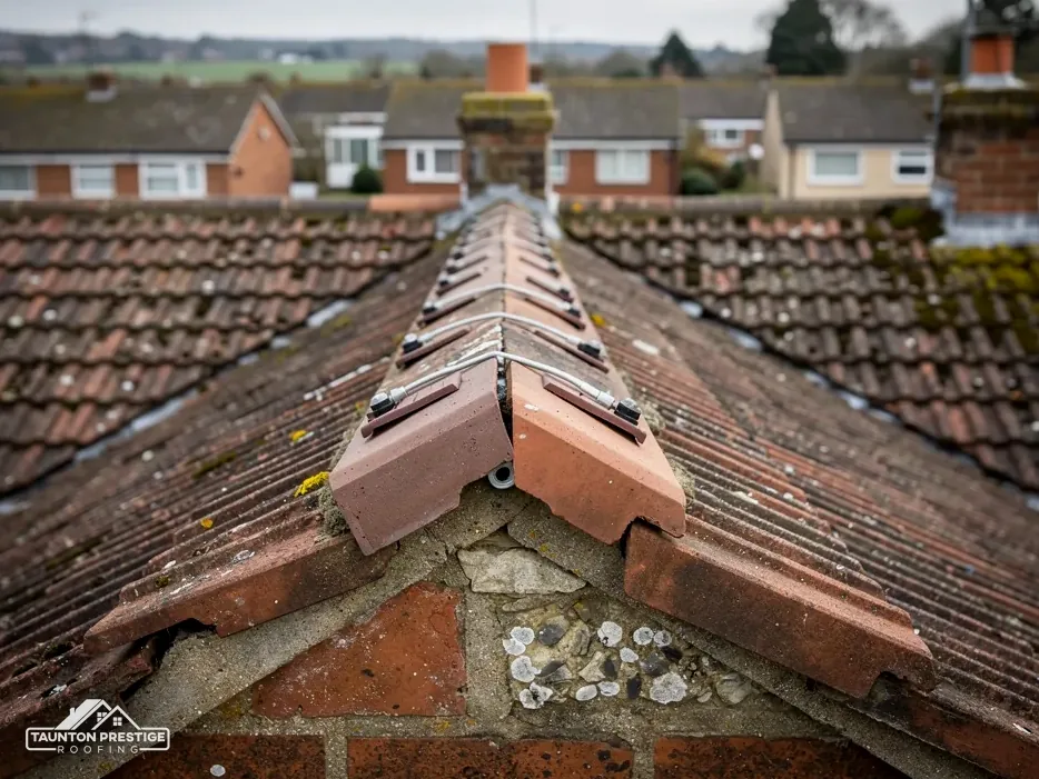 Clay ridge tiles running along a tiled roof with their mortar bedding intact