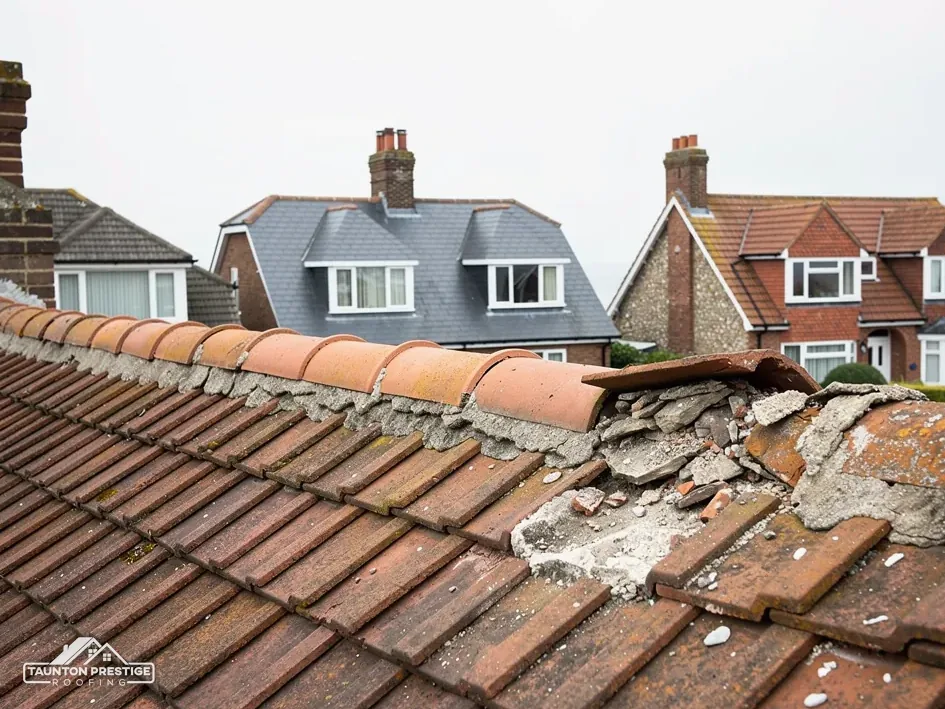 Cracked and missing mortar under the half-round clay ridge of a tiled roof