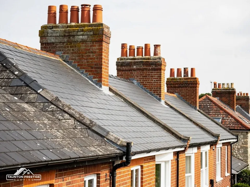 Sound slate roofs and tall brick chimney stacks on a Victorian terrace