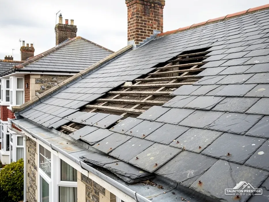 Slipped and missing slates exposing battens on a Victorian terrace roof