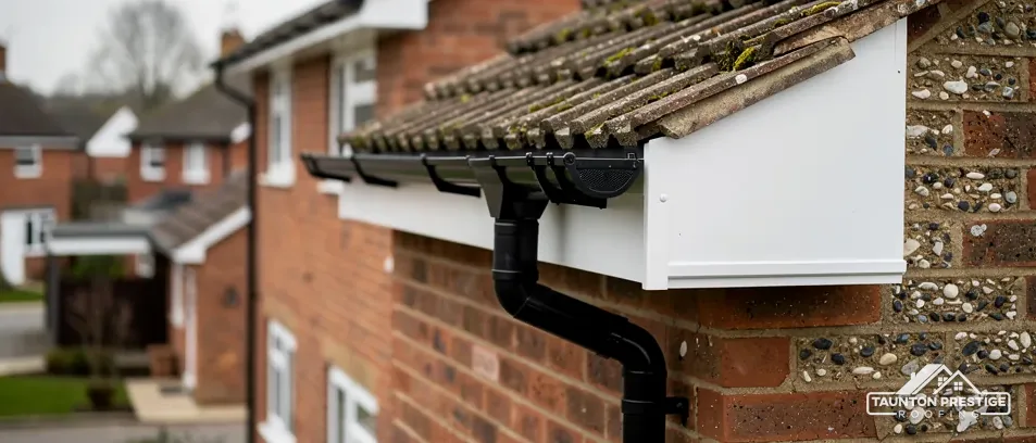 White fascia, black gutter and downpipe at the eaves of a brick house