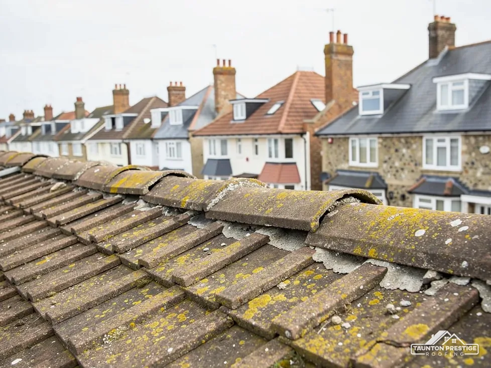 Lichen-covered concrete tiles below a ridge with cracked mortar bedding