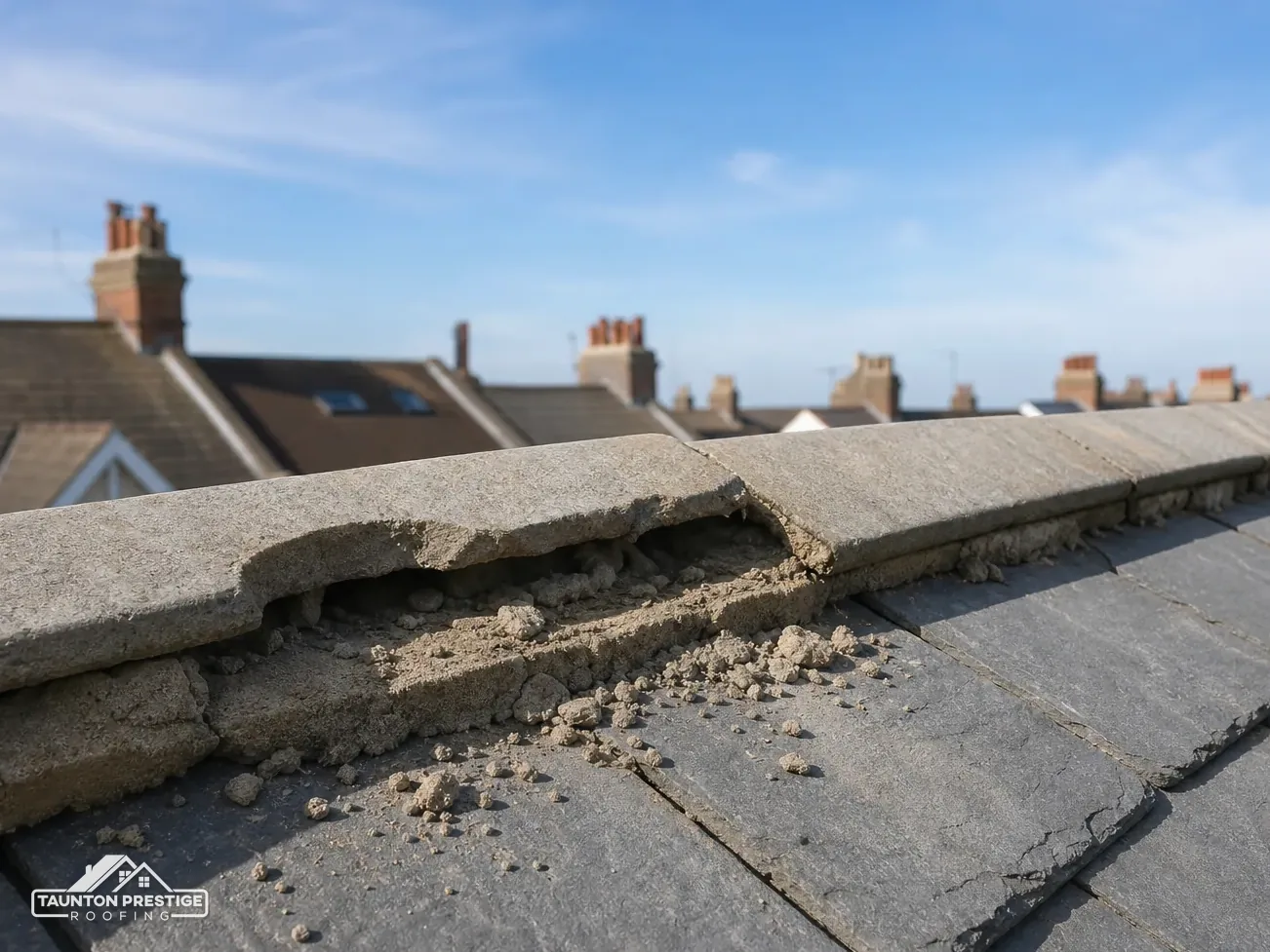 Cracked mortar under the ridge tiles of a slate roof