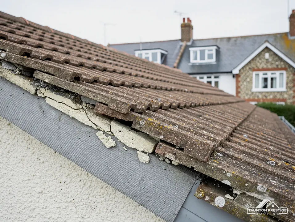 Cracked and missing mortar along the verge of a concrete tile gable