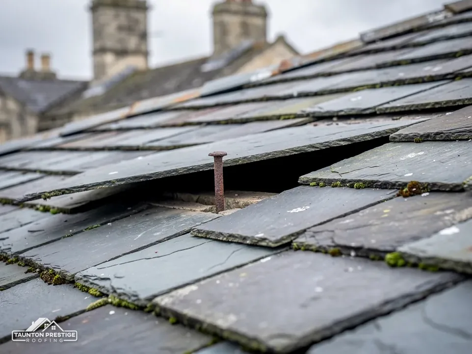 Close-up of a slipped slate and a rusted nail on a natural slate roof