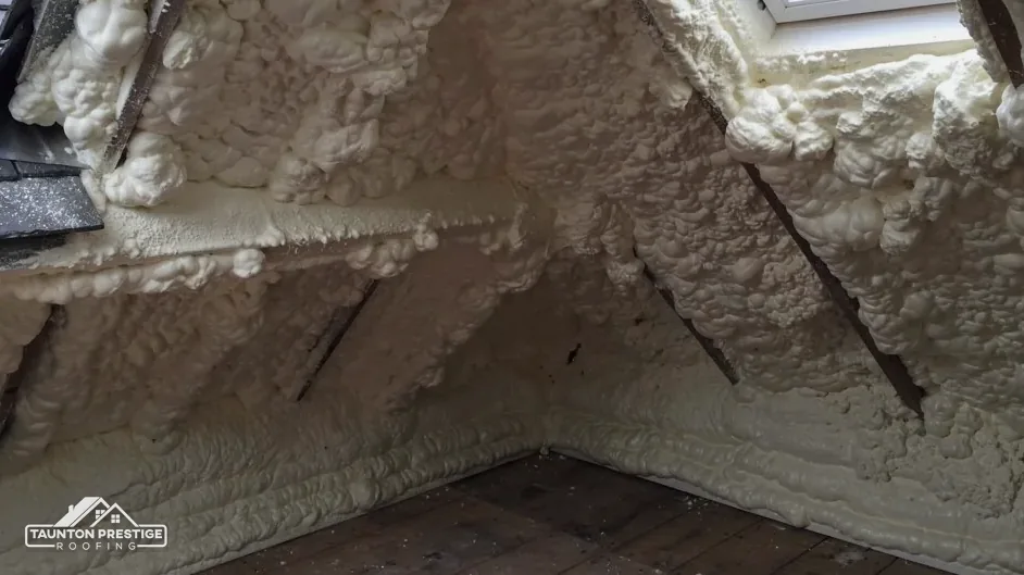 Spray foam insulation on the underside of a roof beside a roof window