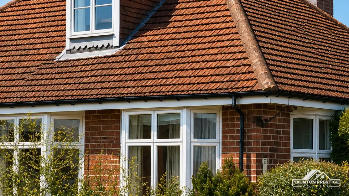 Hipped clay tile roof with a dormer window and brick chimney on a bungalow