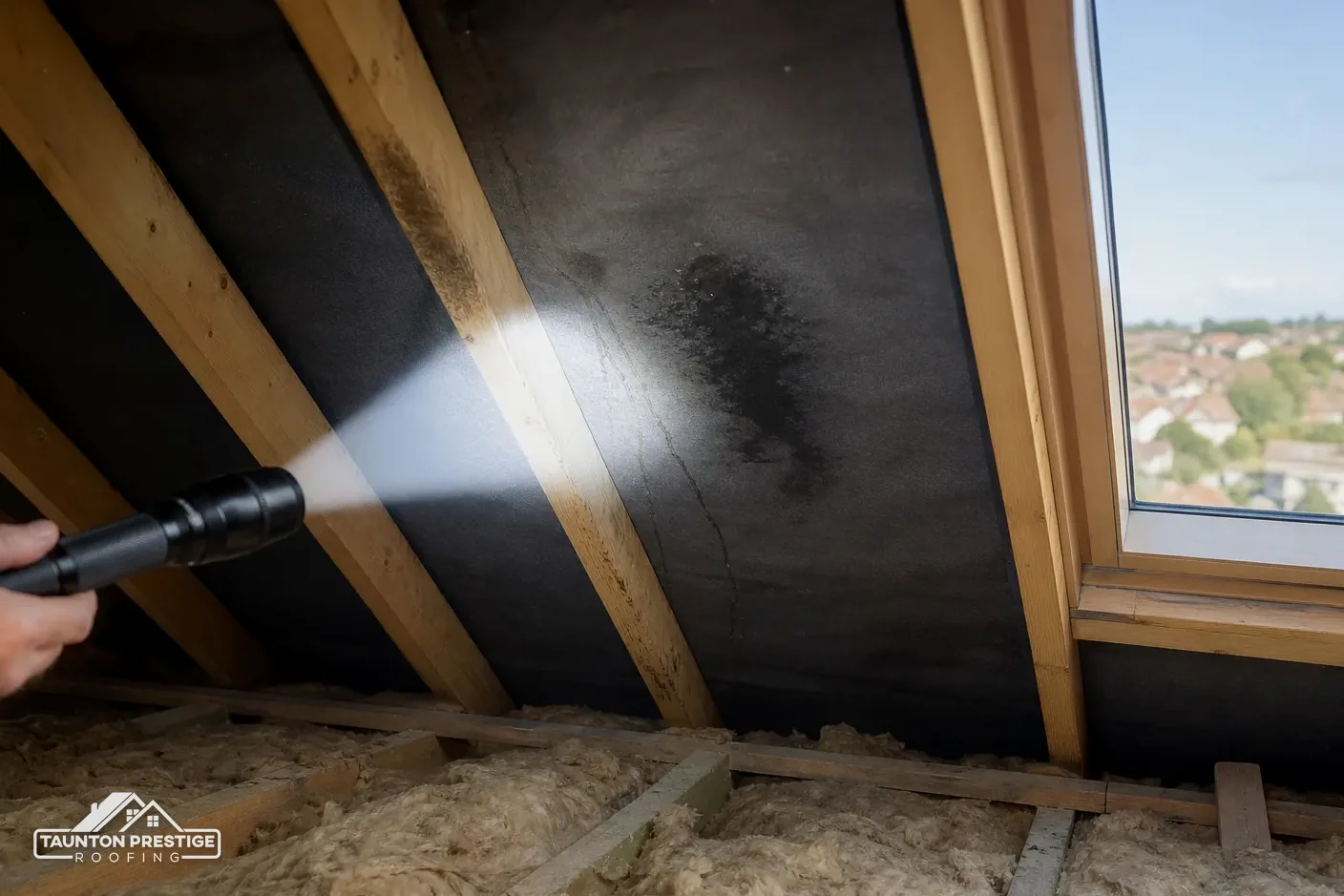 Torch beam on a damp patch of underlay between rafters in a loft